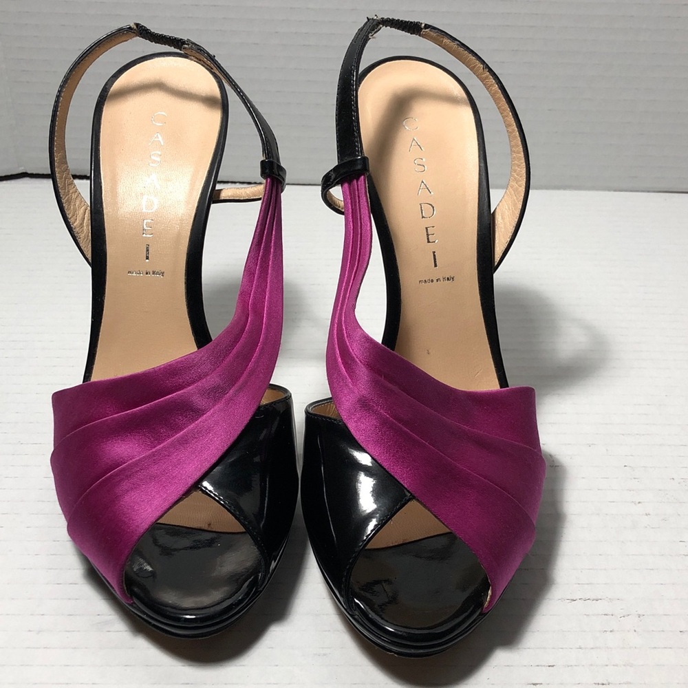 Casadei Fuchsia Satin Black Patent Leather 4.5” Heels Women’s Size 7.5